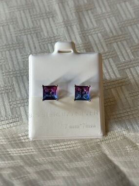 Sterling Silver 925 Square Purple-Blue CZ Earrings